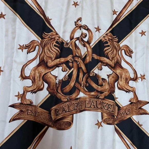 Ralph Lauren Silk Scarf Cream Black Gold Crest Ski Poles Lions Made in Italy 34" - Picture 2 of 4